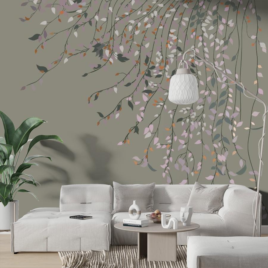 фотообои ветви с листьями на сером фоне 14-1092