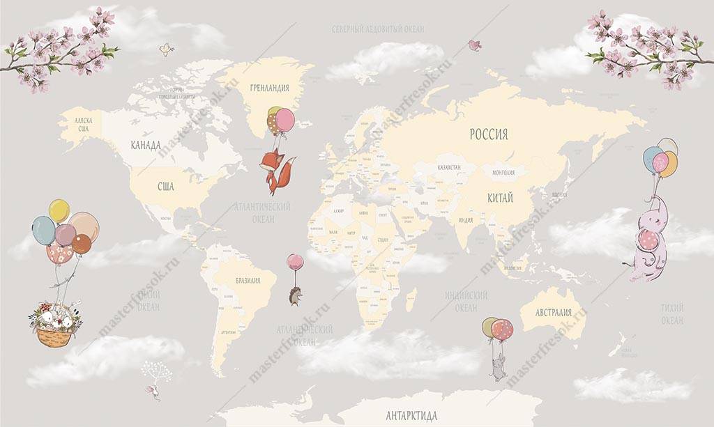 Фотообои Детская карта мира с зайчиками