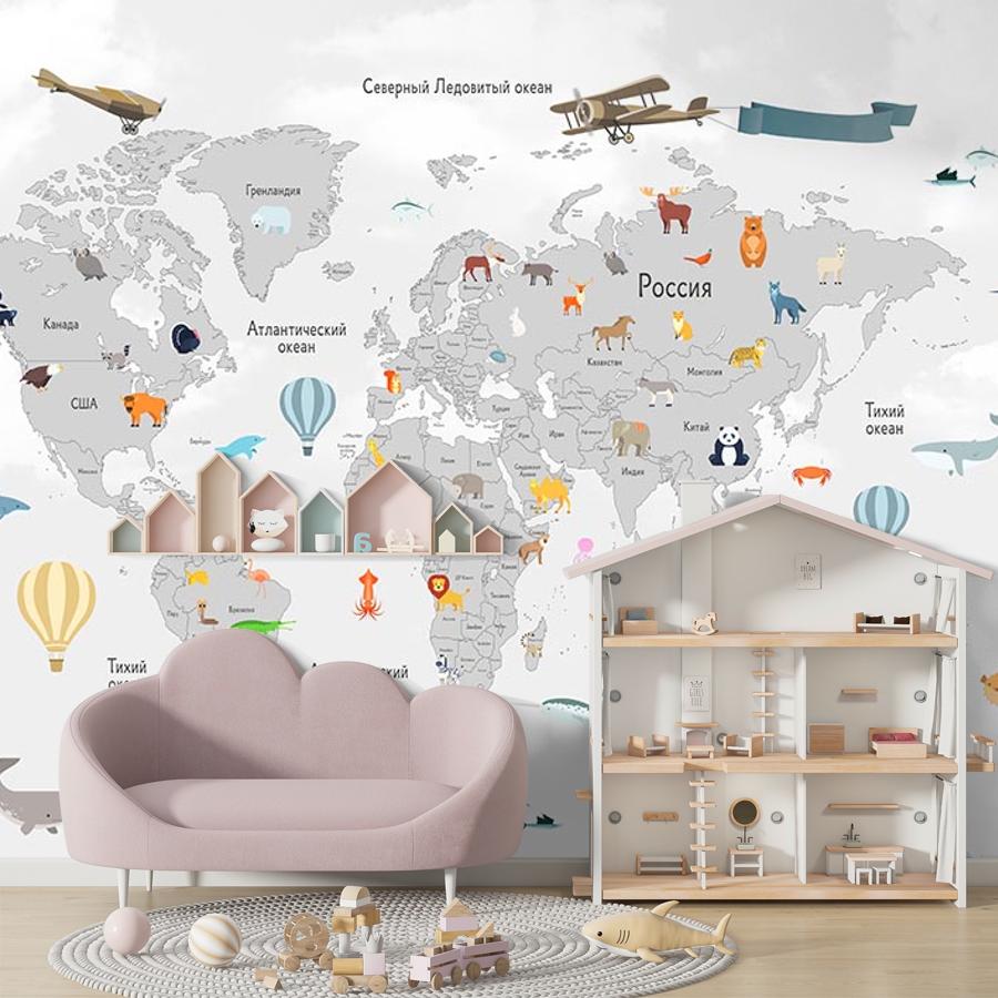 фотообои светлая карта мира с животными 14-284