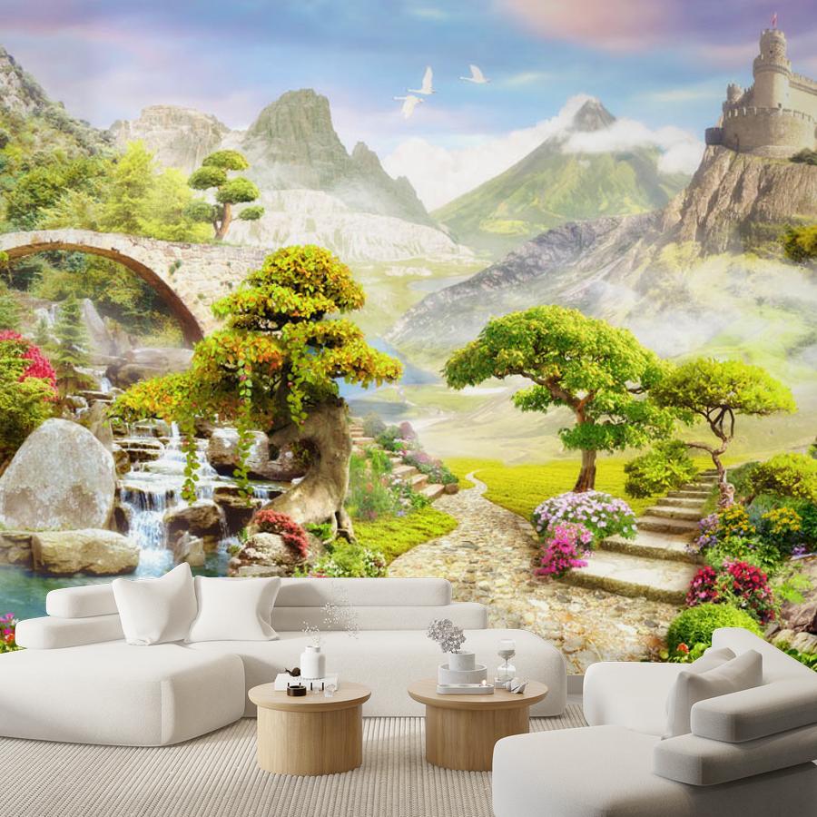 фотообои цветущий сад в горах 19-0193