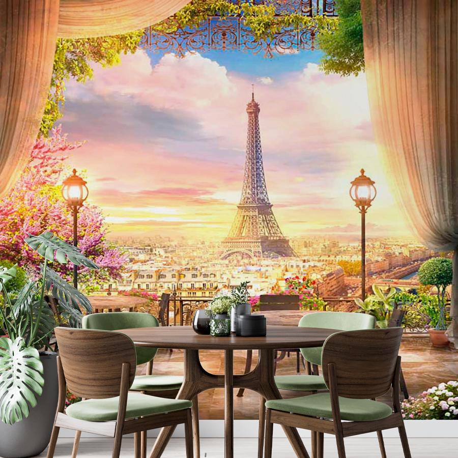 фотообои кафе в париже с видом на эйфелеву башню 9-761