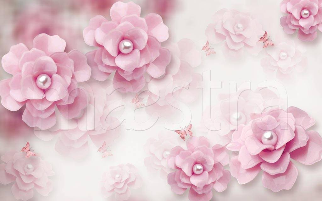 Фотообои 3д розовые цветы на белом фоне