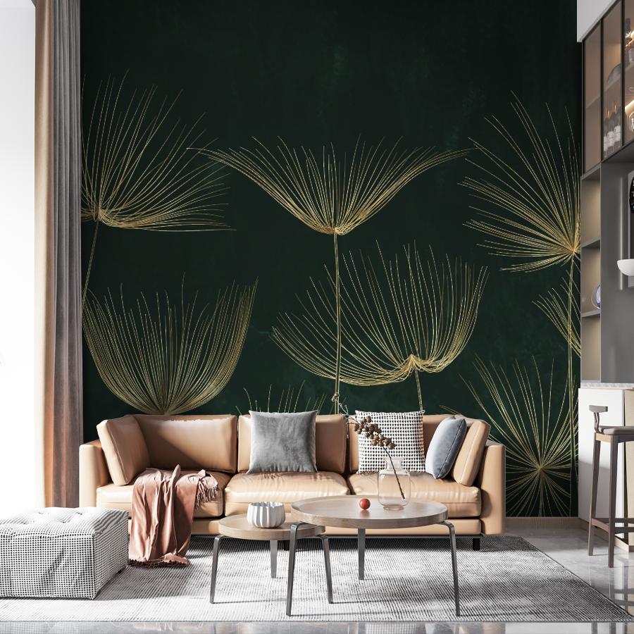 фотообои цветы золотистые на зеленом 14-1288