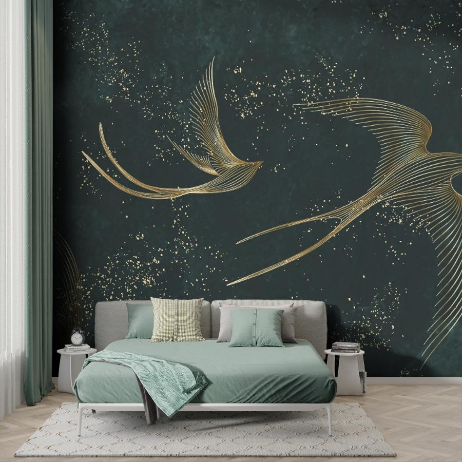 фотообои золотистые ласточки на зеленом фоне 14-1226