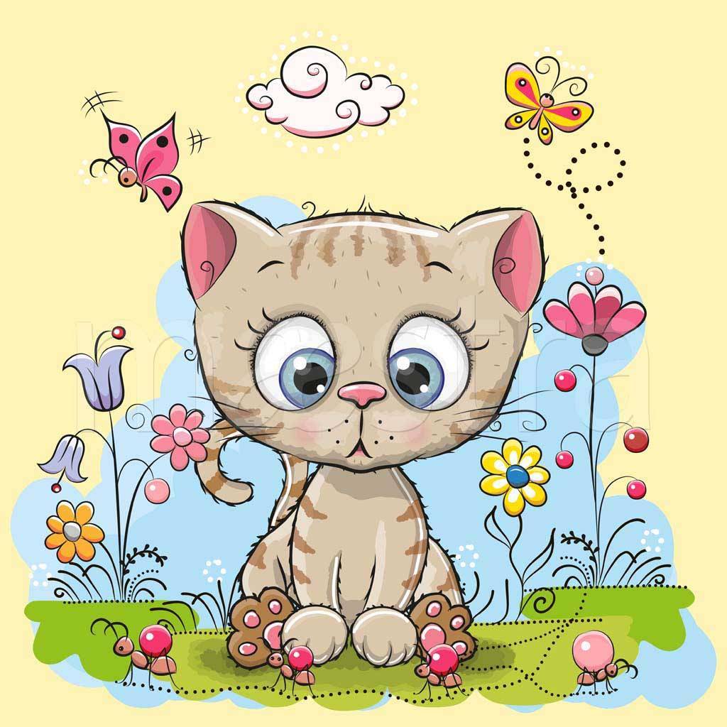 Мультяшный котенок с цветами