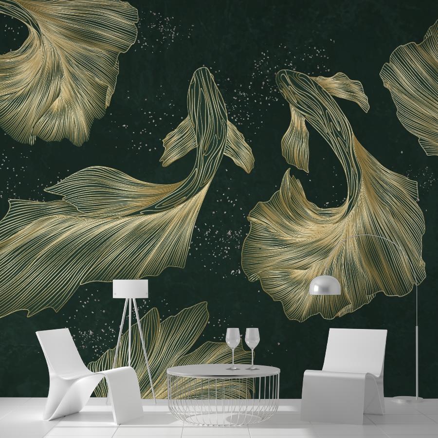 Фотообои Рыбы золотые на зеленом фоне 14-1267