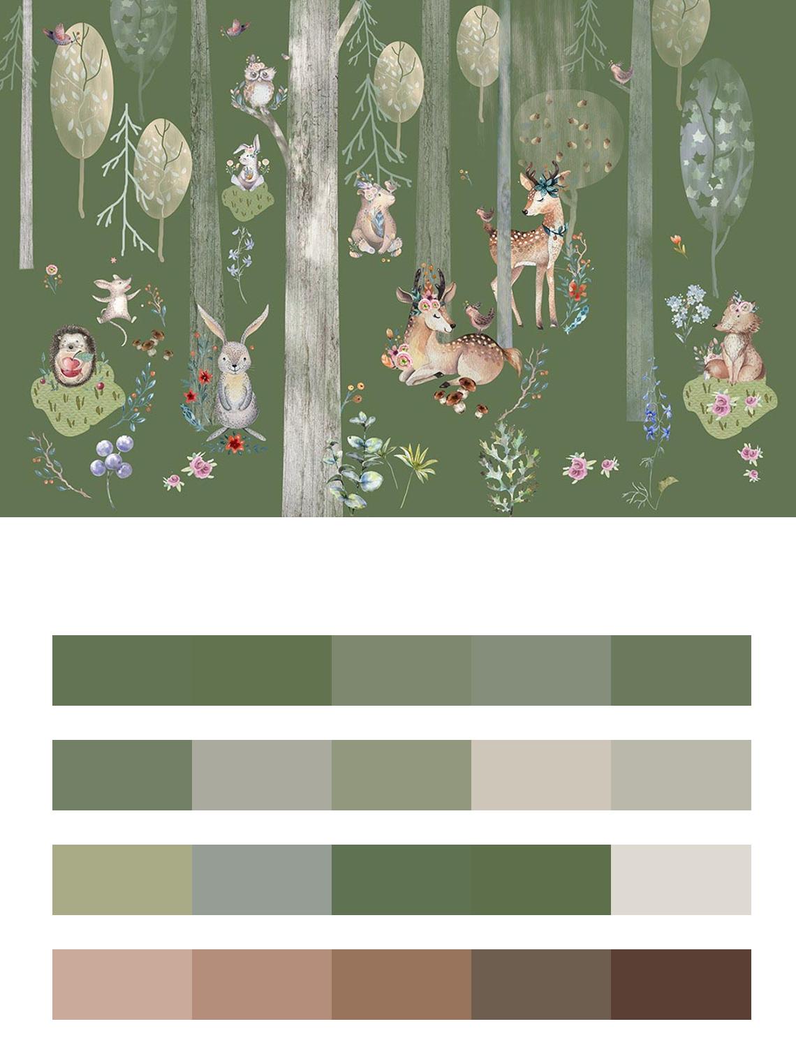 Зеленый лес с животными цвета