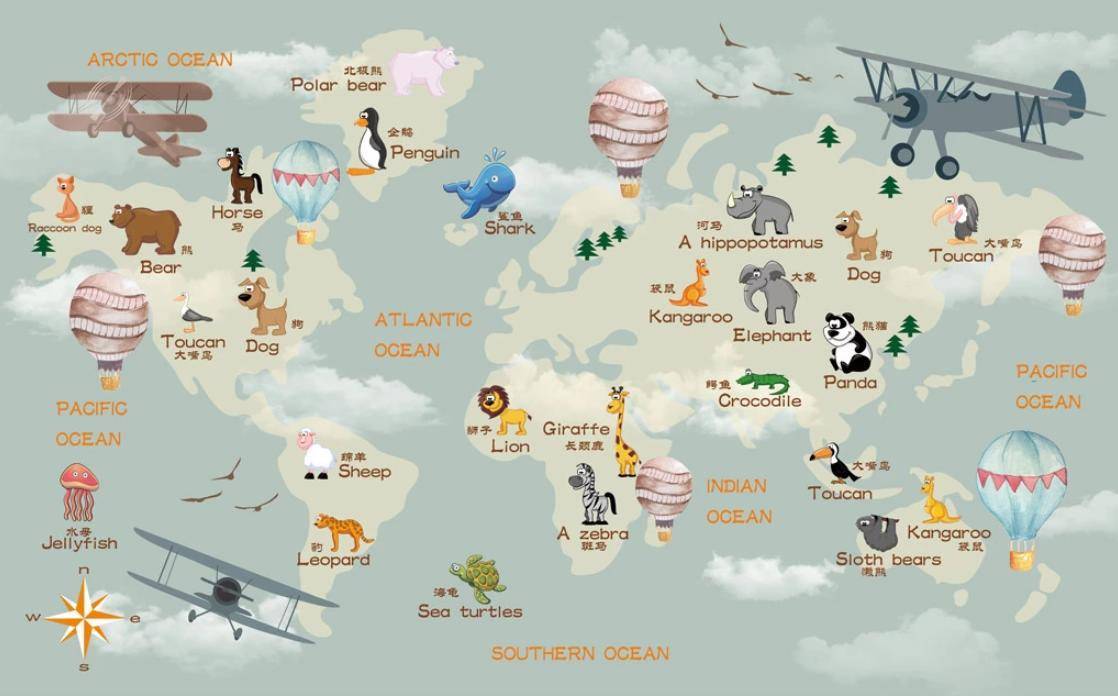 Фотообои Карта мира с животными и самолетами