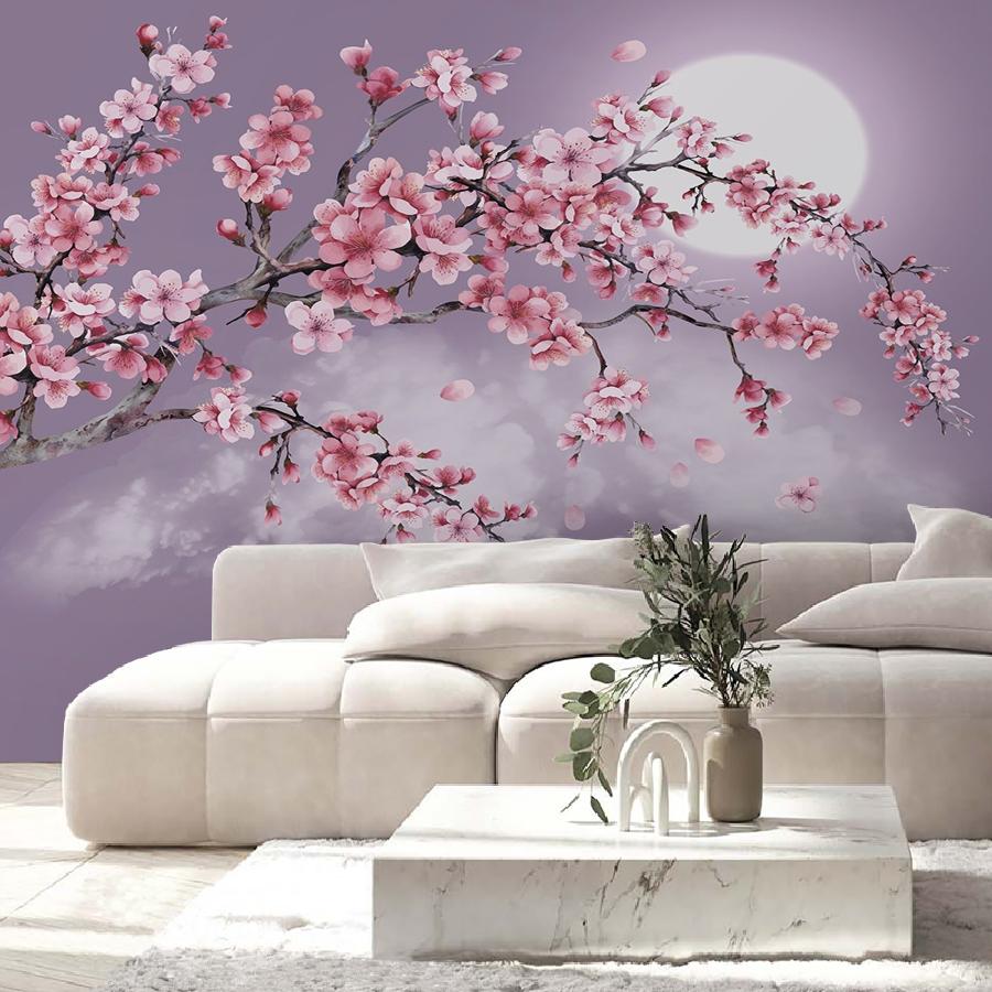 фотообои сакура на фоне вечернего неба и луны 14-966