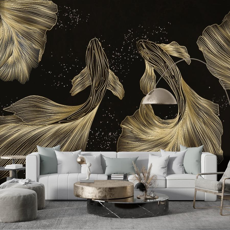 Купить фотообои рыбы золотистые на темном фоне 14-1266 в интернет-магазине Мастер Фресок Фотообои Рыбы золотистые на темном фоне 14-1266
