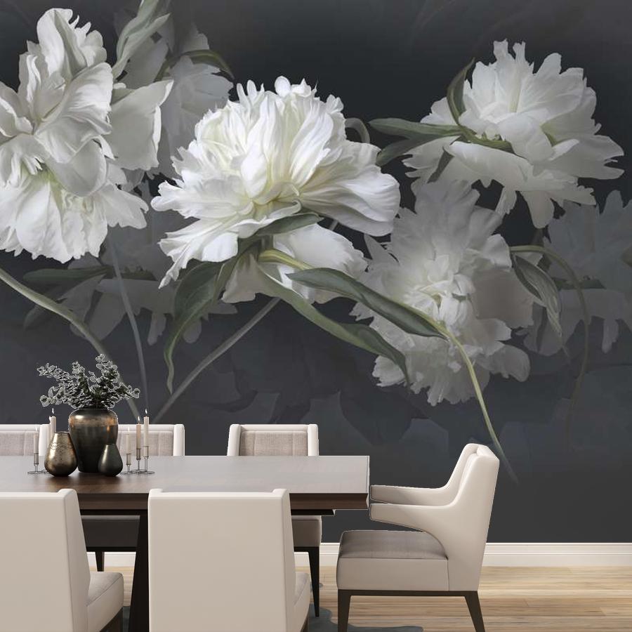 фотообои белые цветущие пионы на темно сером фоне 13-1008