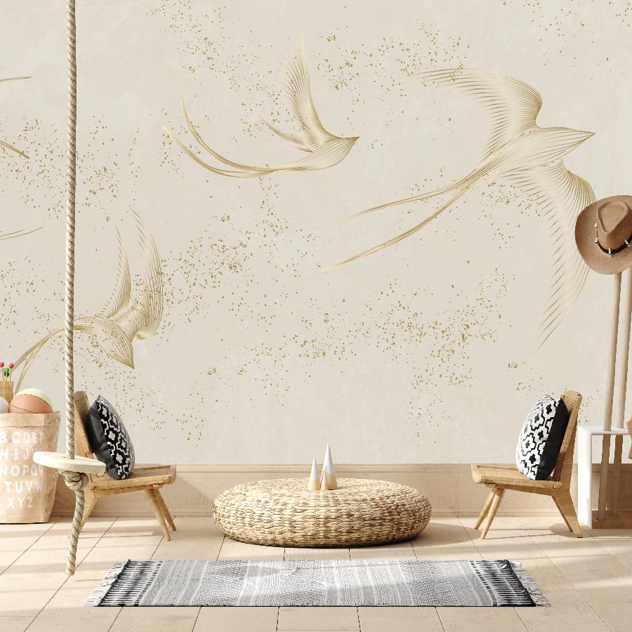 фотообои золотистые ласточки на бежевом фоне 14-1227