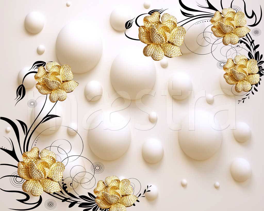 Фотообои золотые цветы и объемные шары