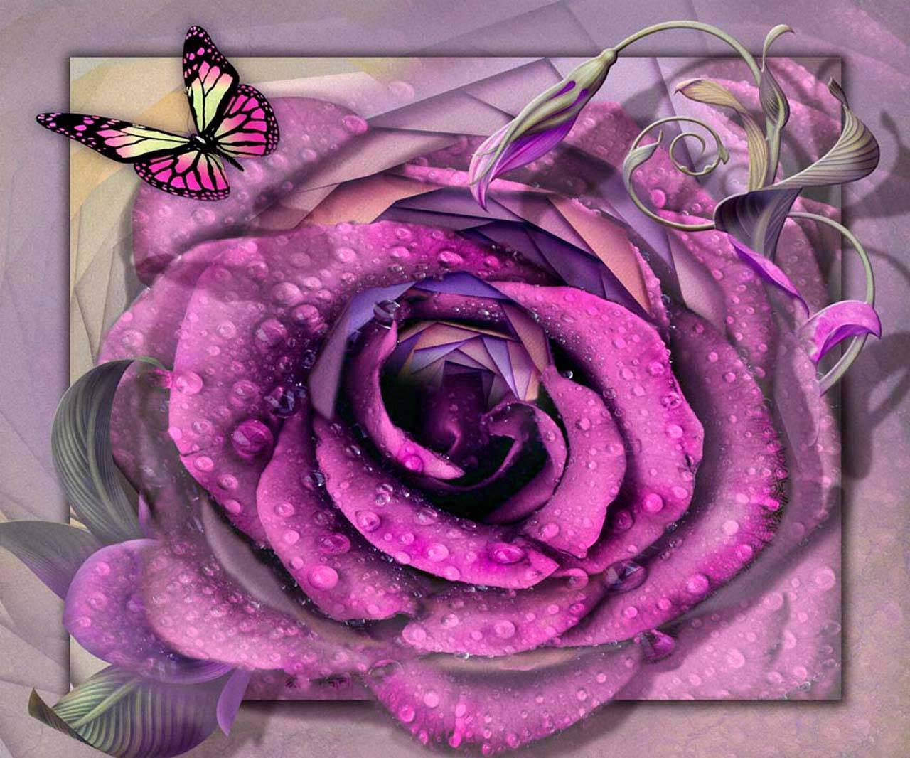 Фотообои Стереоскопическая фиолетовая роза с бабочкой