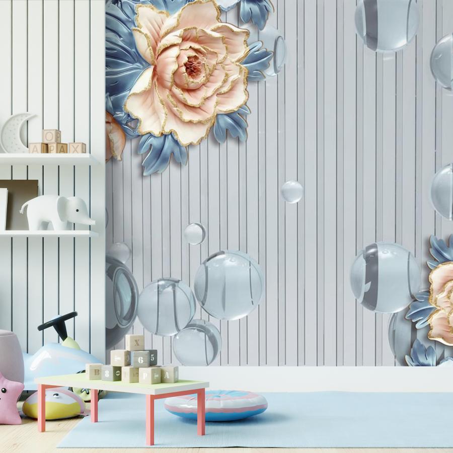 фотообои 3д цветы и шары на синем полосатом фоне 10-541