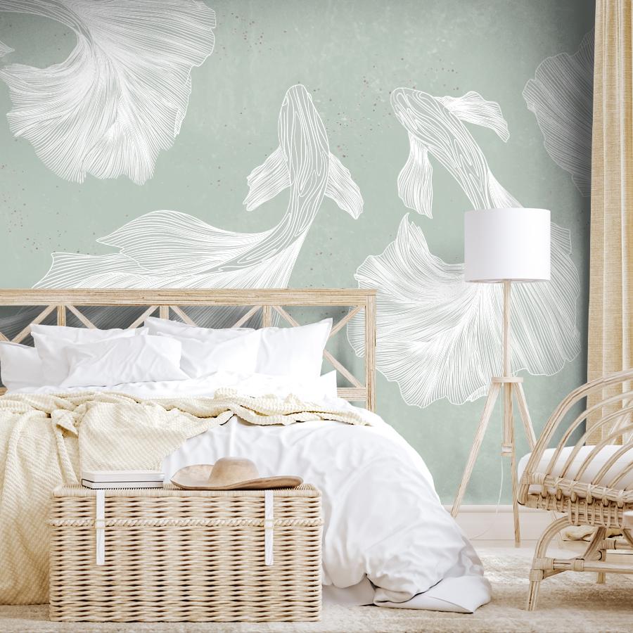 фотообои рыбы белые на зеленом фоне 14-1272