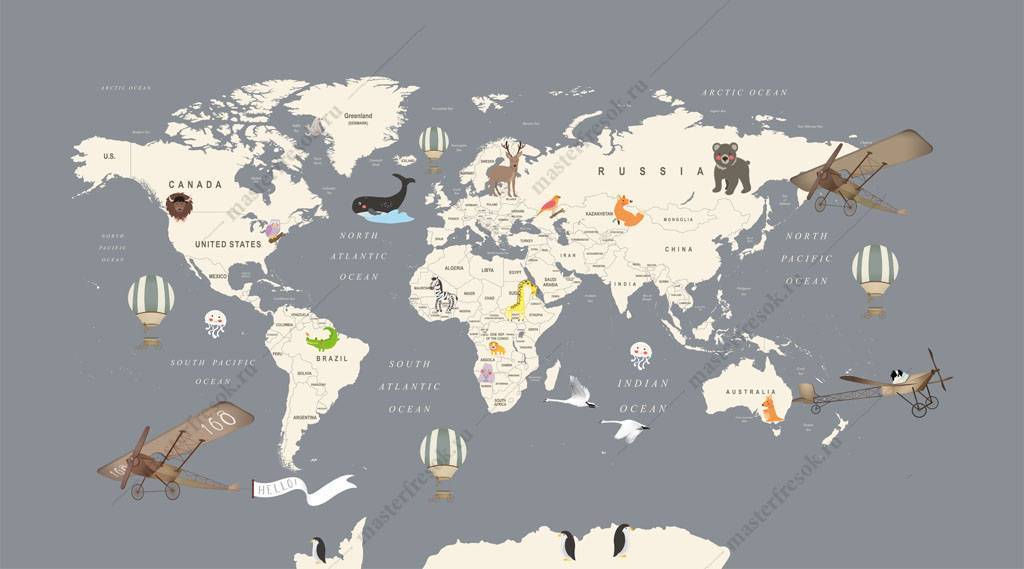 Фотообои Карта мира серый фон