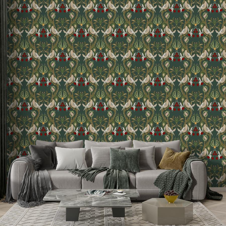 фотообои орнамент птицы и вишенки 14-1029