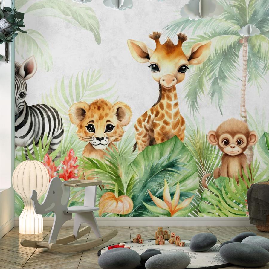 фотообои жираф и зебра под пальмой 12-1835