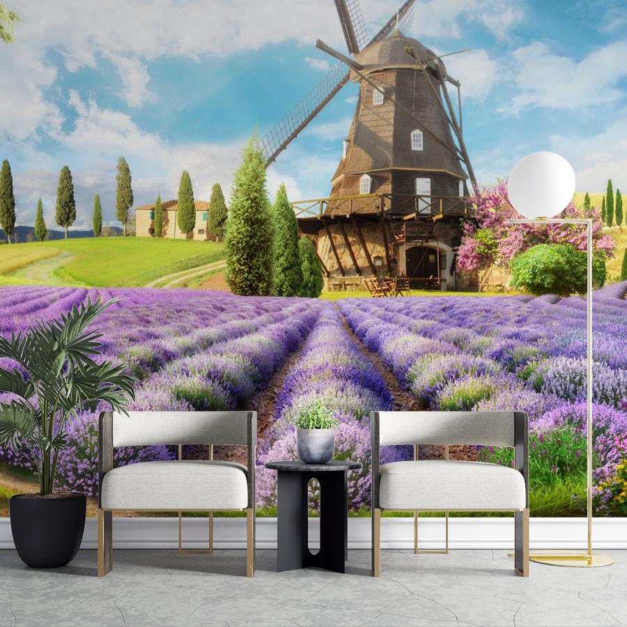 фотообои цветущее поле с мельницей 19-0183