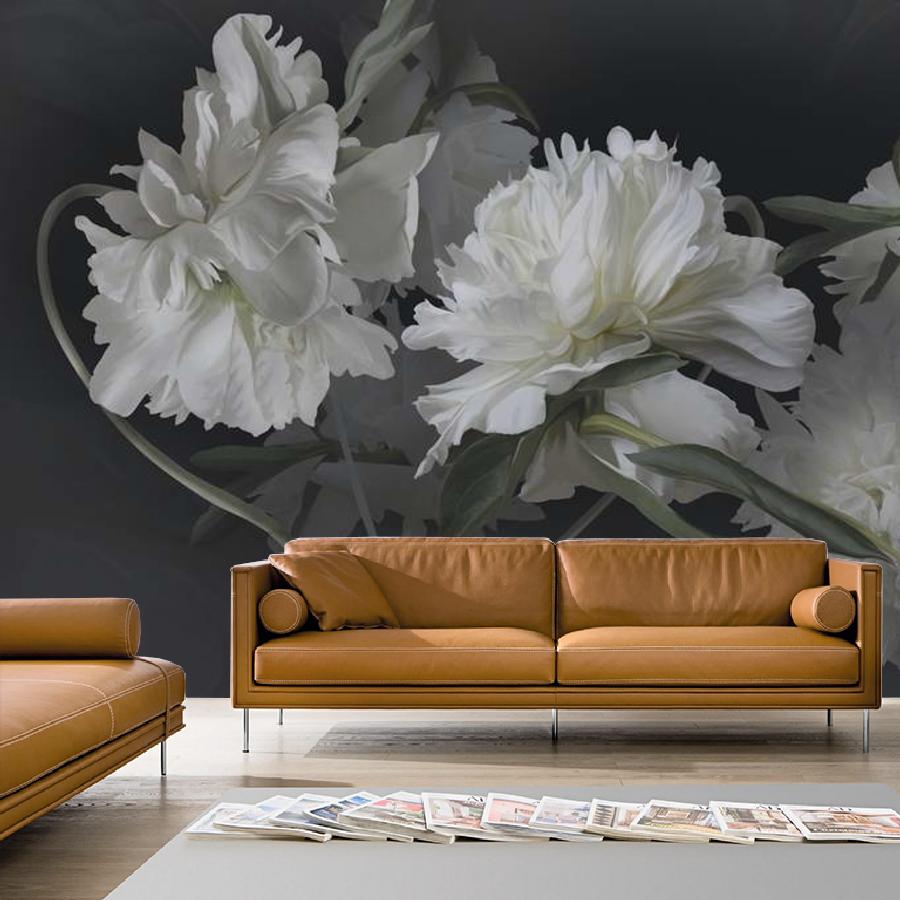 фотообои белые цветущие пионы на темно сером фоне 13-1008