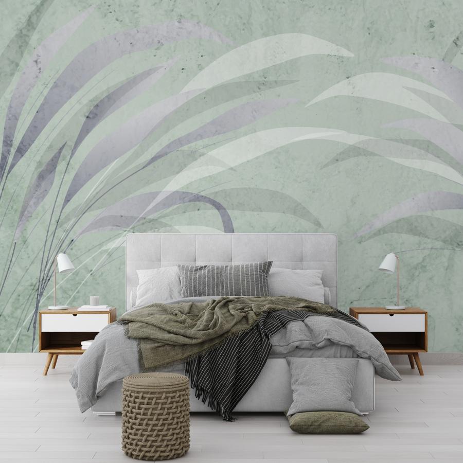 фотообои листья в спальню на зеленом фоне 14-1239