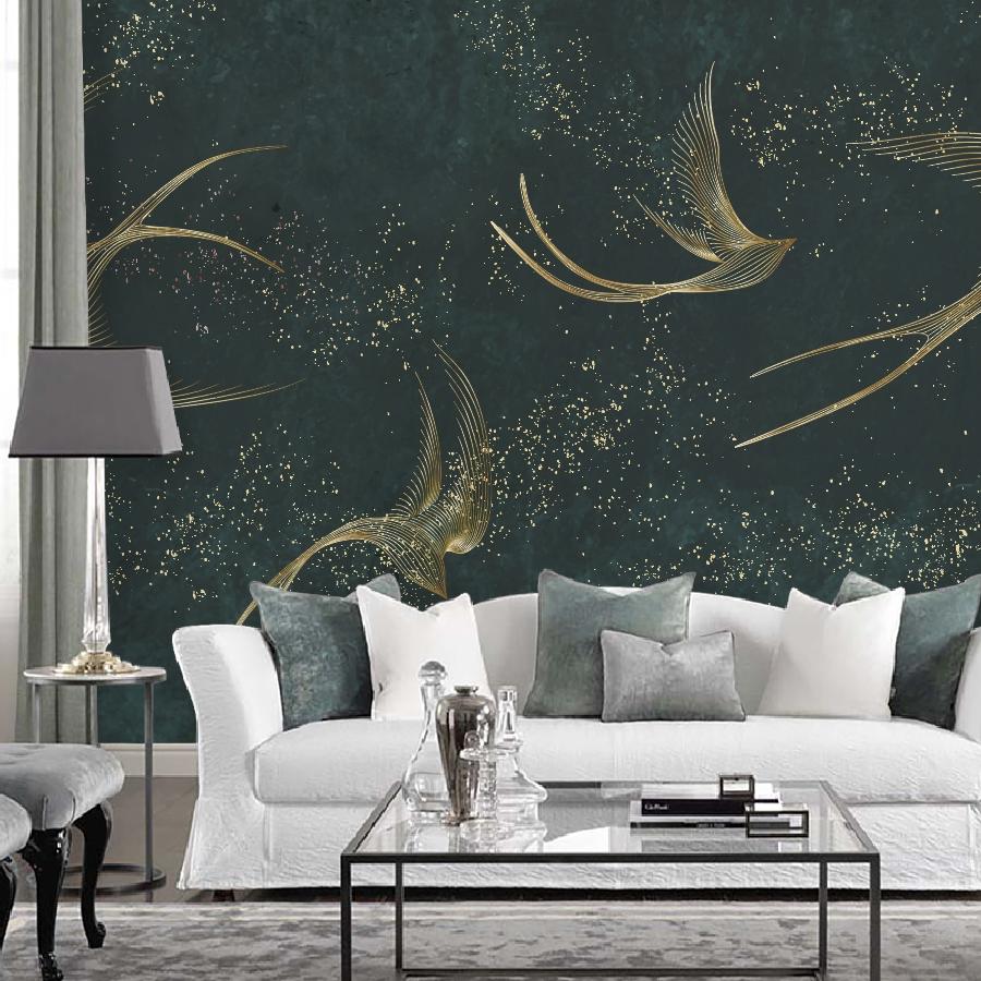 фотообои золотистые ласточки на зеленом фоне 14-1226