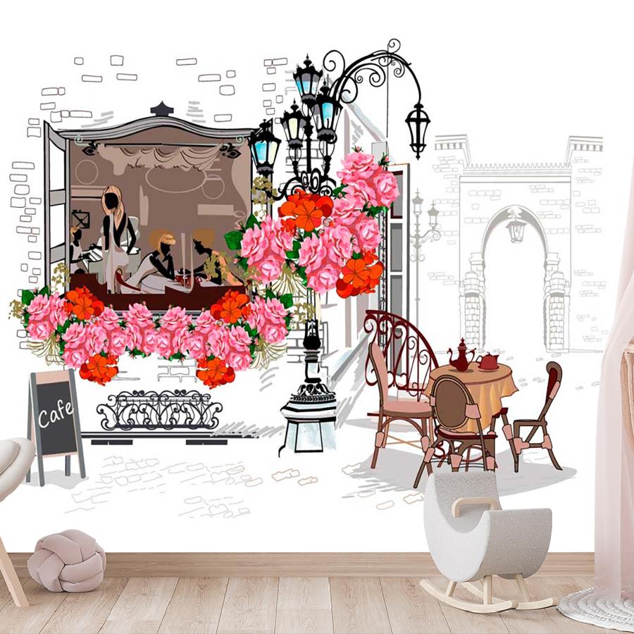 фотообои кафе и розовые цветы 9-137