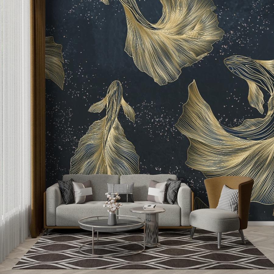 фотообои рыбы золотые на синем фоне 14-1274