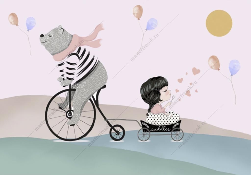 Фотообои Медведь на велосипеде и девочка