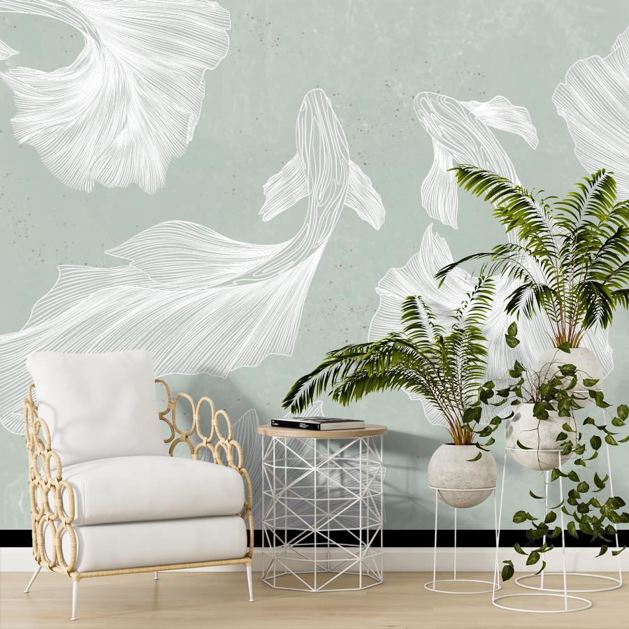 фотообои рыбы белые на зеленом фоне 14-1272