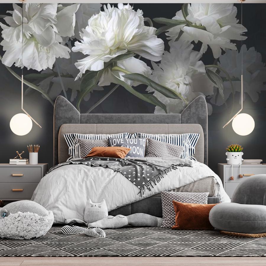 фотообои белые цветущие пионы на темно сером фоне 13-1008