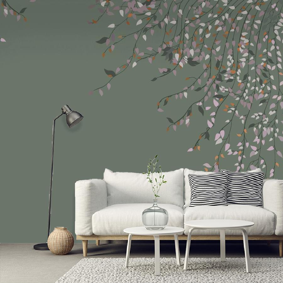 фотообои ветви с листьями на зеленом фоне 14-1090