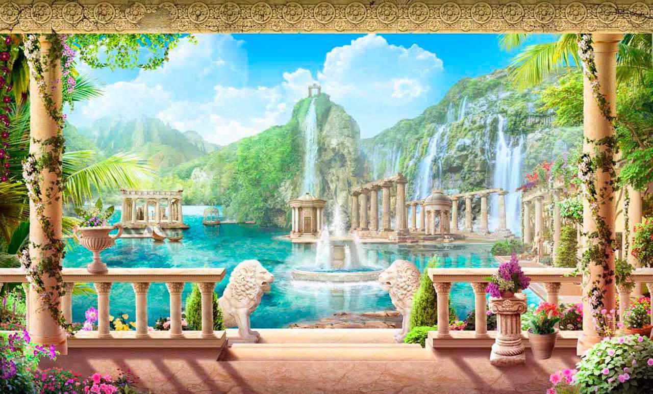 фотообои вид на водопад спускающегося с гор 11-147