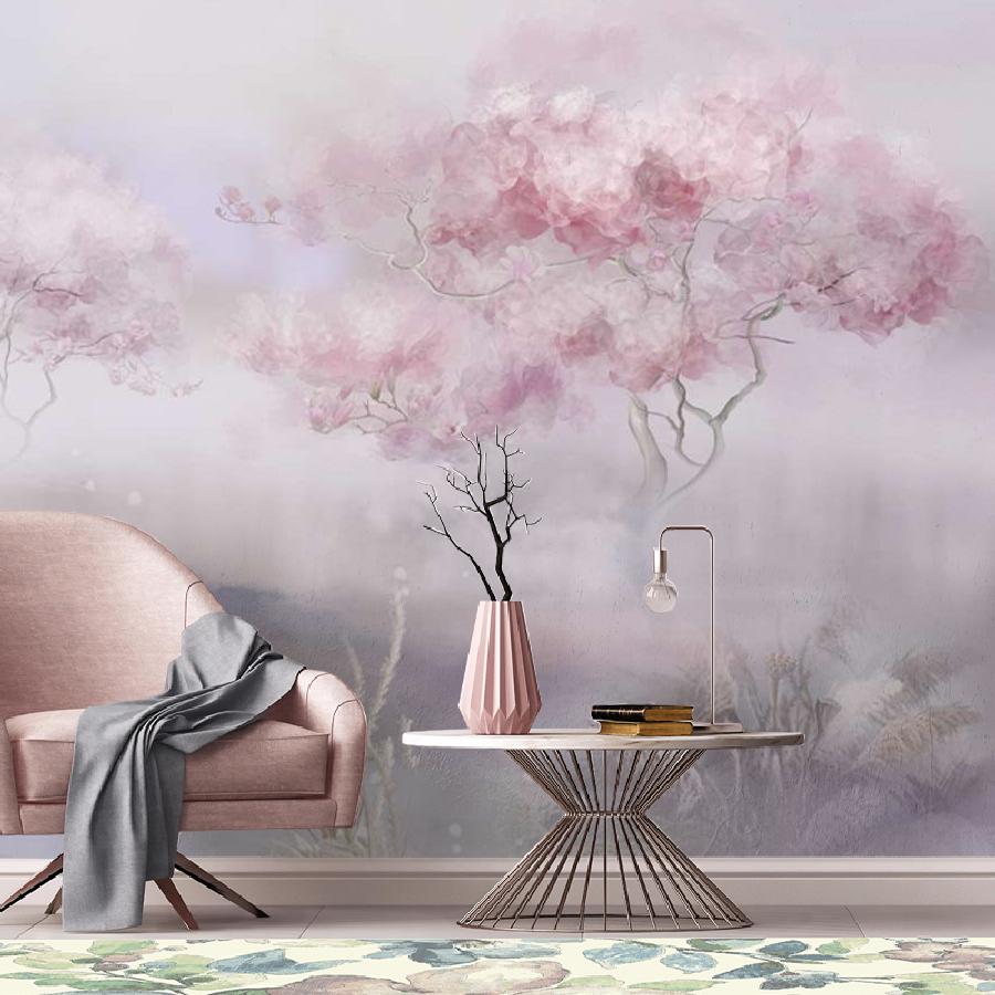 фотообои розовые деревья и фламинго