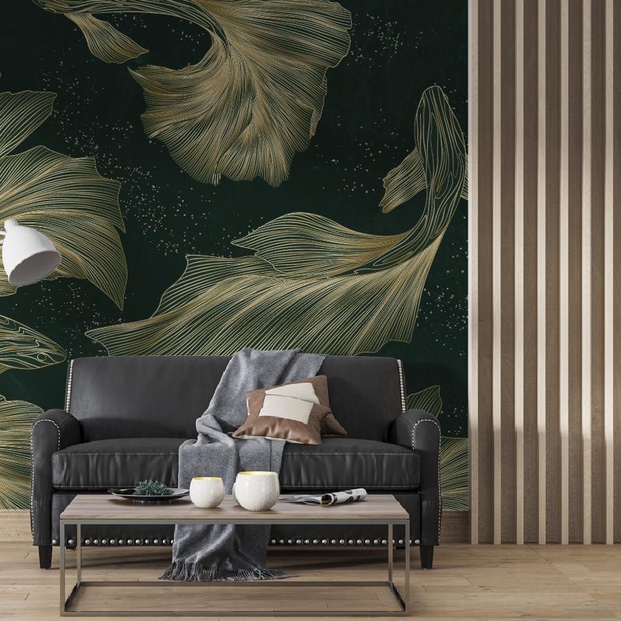 Фотообои Рыбы золотые на зеленом фоне 14-1267