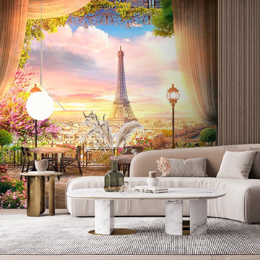 фотообои кафе в париже с видом на эйфелеву башню 9-761