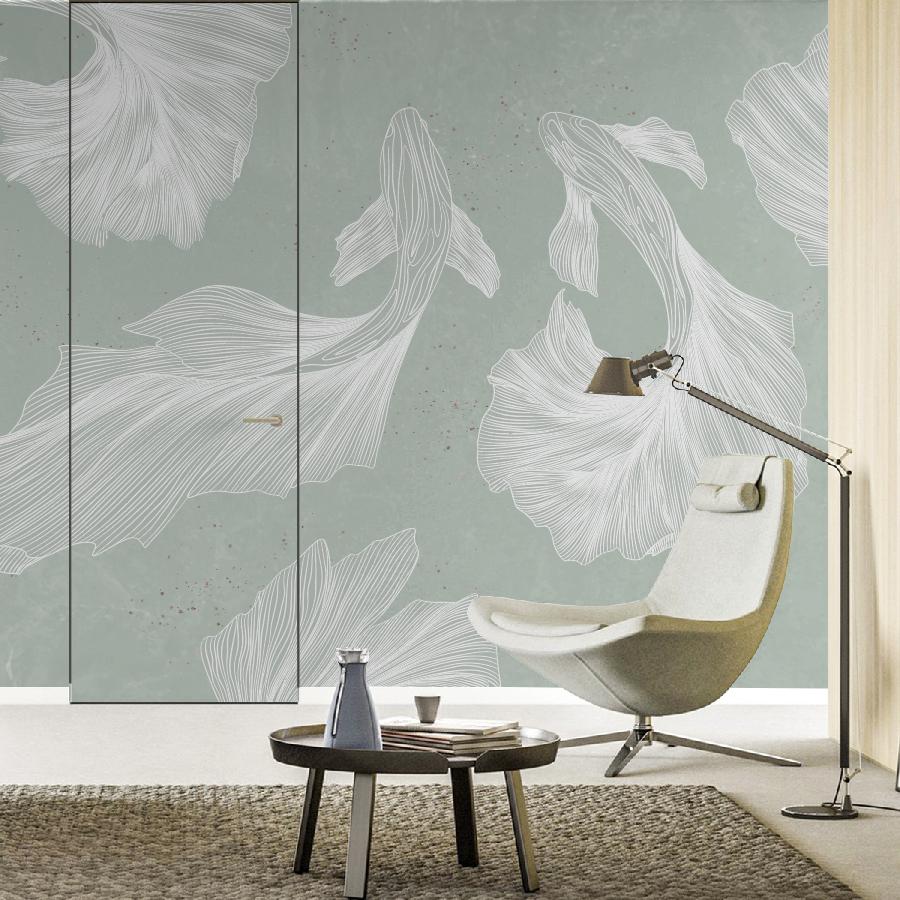 фотообои рыбы белые на зеленом фоне 14-1272