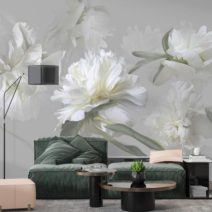 фотообои белые цветущие пионы на сером фоне 13-1007