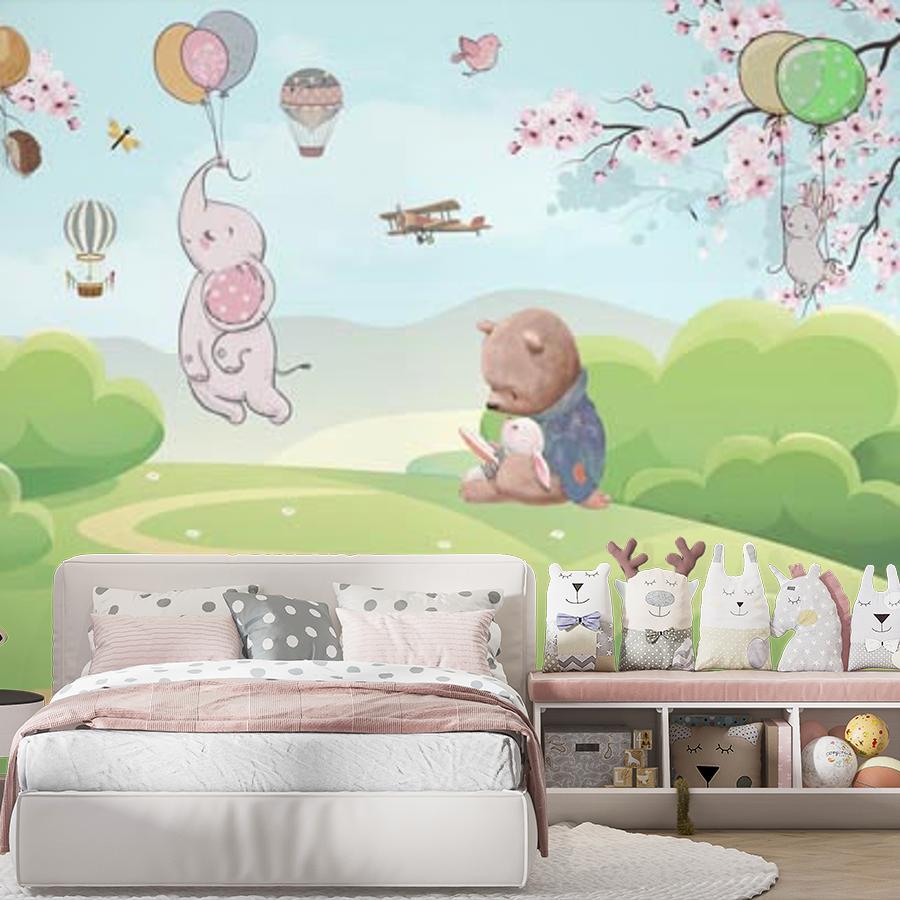 фотообои зверята с шарами на поляне 12-1208