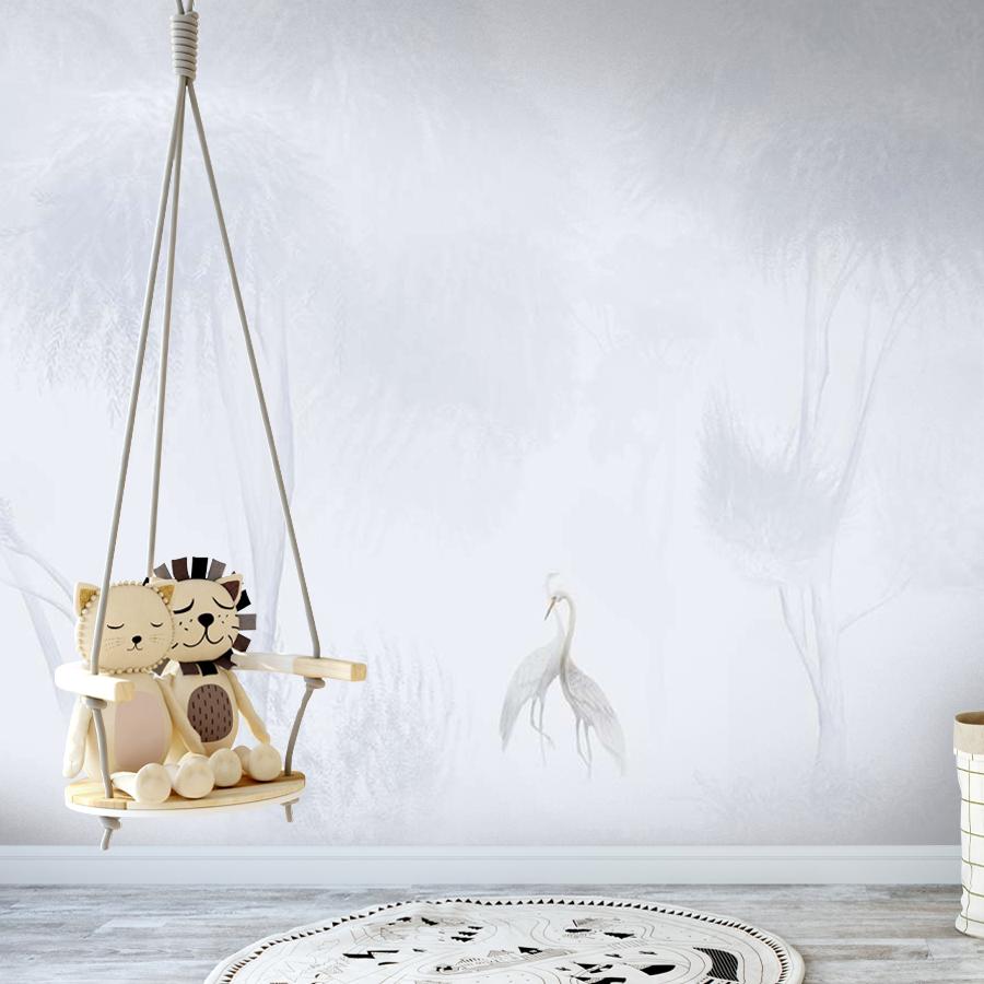 фотообои туманный лес и белая цапля