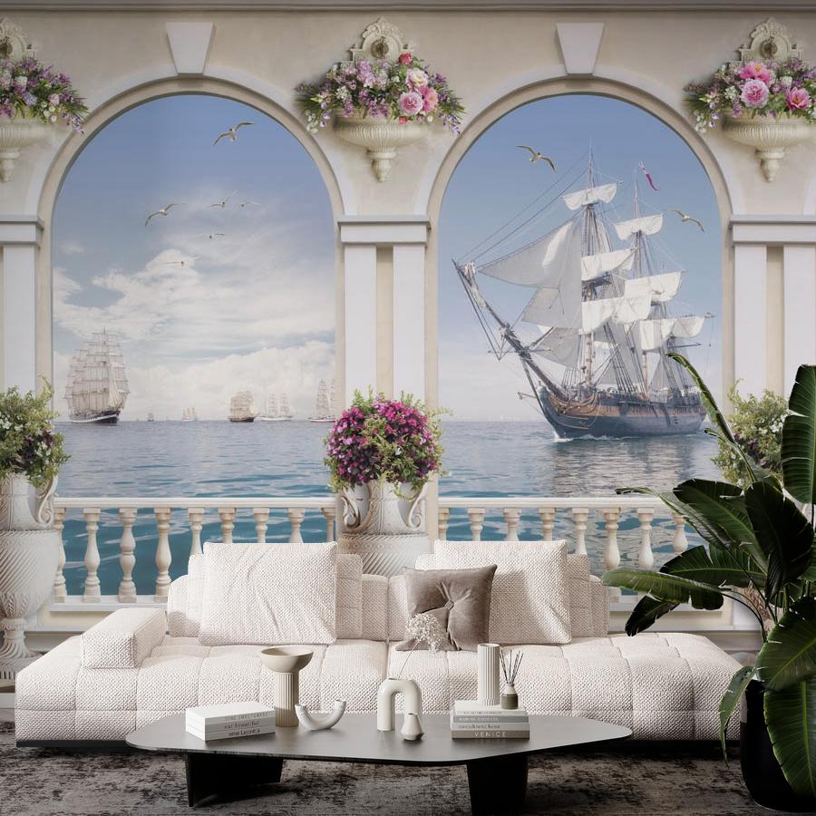 фотообои балкон с видом на парусники 19-0144