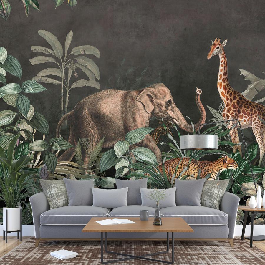 фотообои слон и жираф на темном фоне 12-1776 фотообои слон и жираф на темном фоне 12-1776