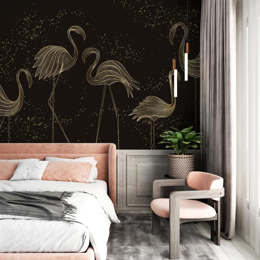 фотообои фламинго на темном фоне в гостиную 14-1207