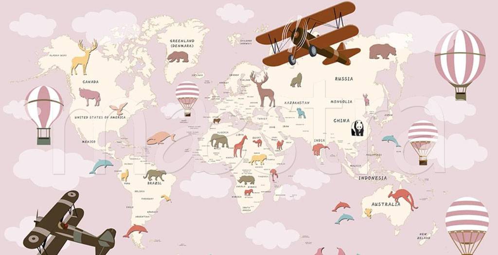 Фотообои Карта мира розовая с самолетами