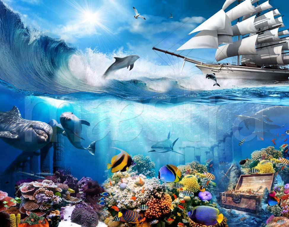 Фотообои Подводный мир с дельфинами и кораблем