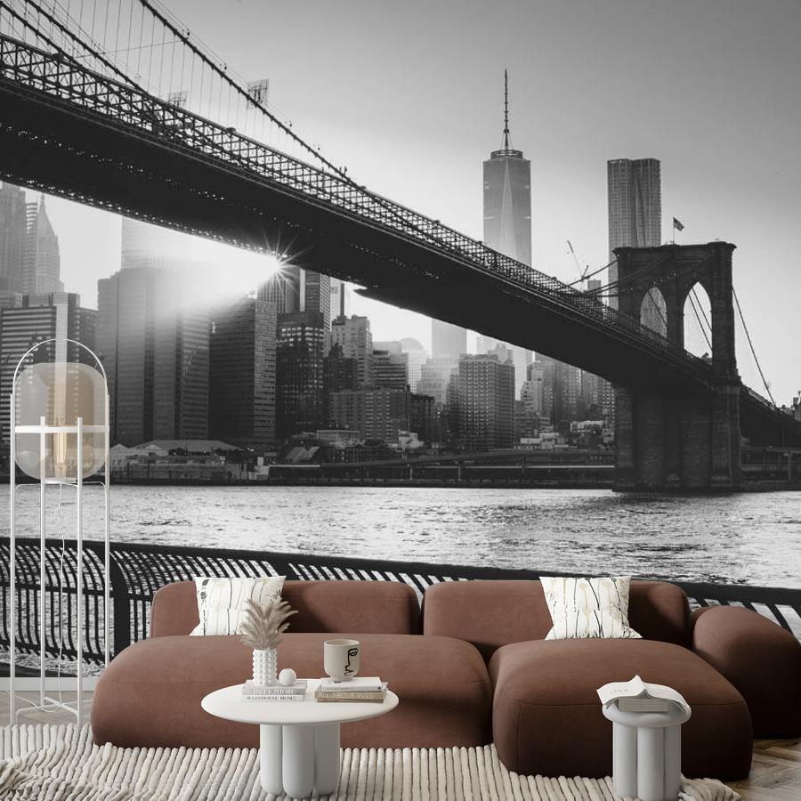 мост черно белый и лучи солнца в нью йорке 9-822