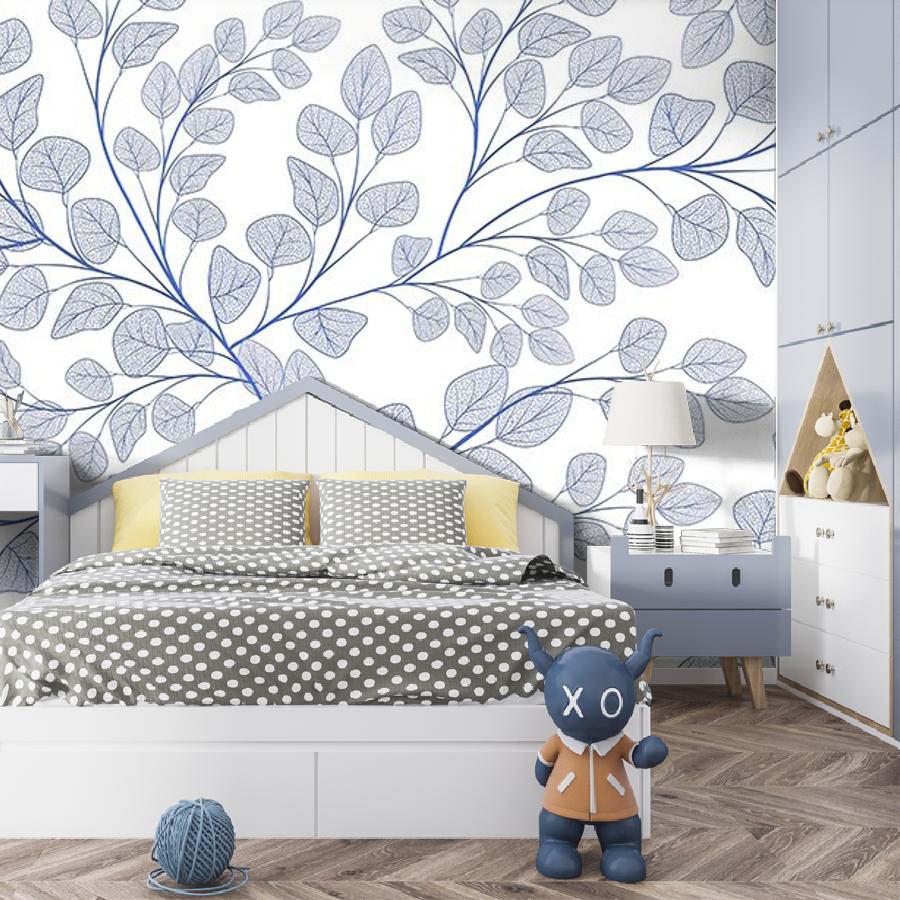 фотообои в спальню листочки голубые на белом фоне 9-1983