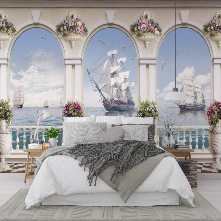 фотообои балкон с видом на парусники 19-0144