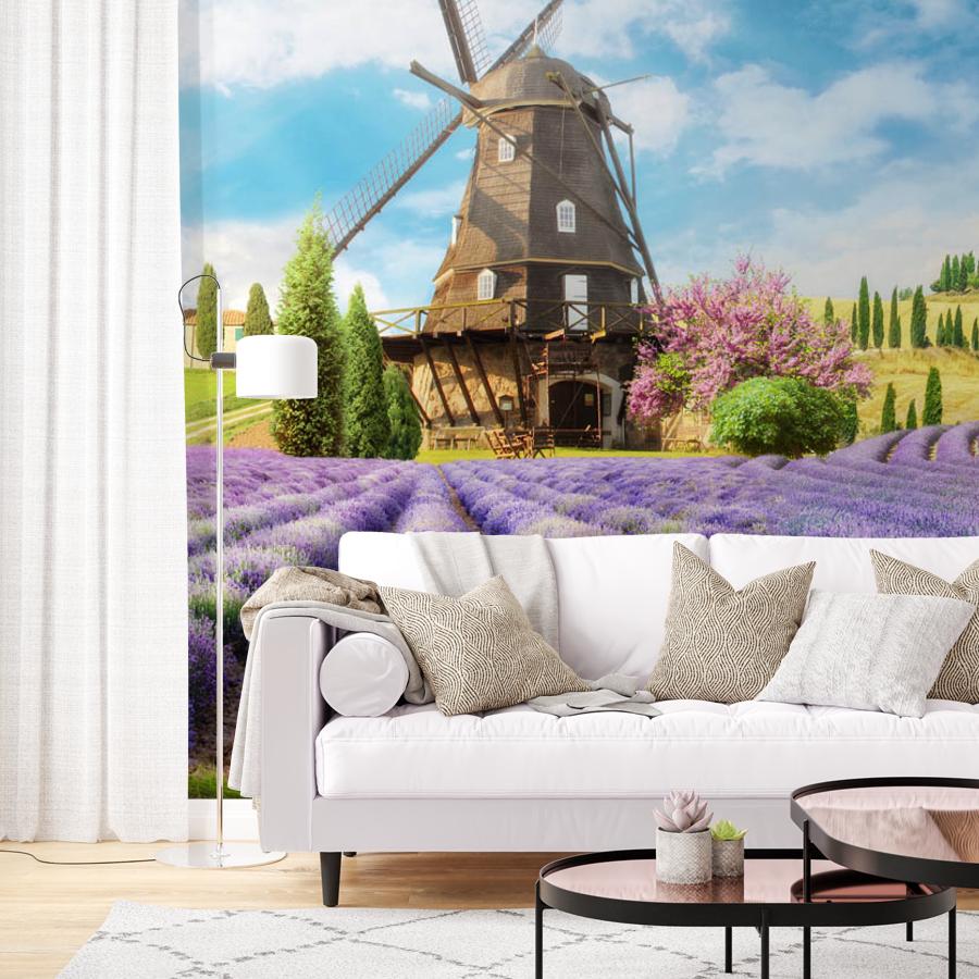 фотообои цветущее поле с мельницей 19-0183